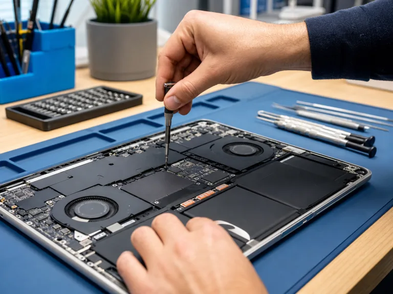 Professionele laptopreparatie op een nette werkbank