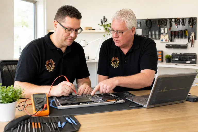 Mike Veenstra en zijn vader repareren samen een laptop