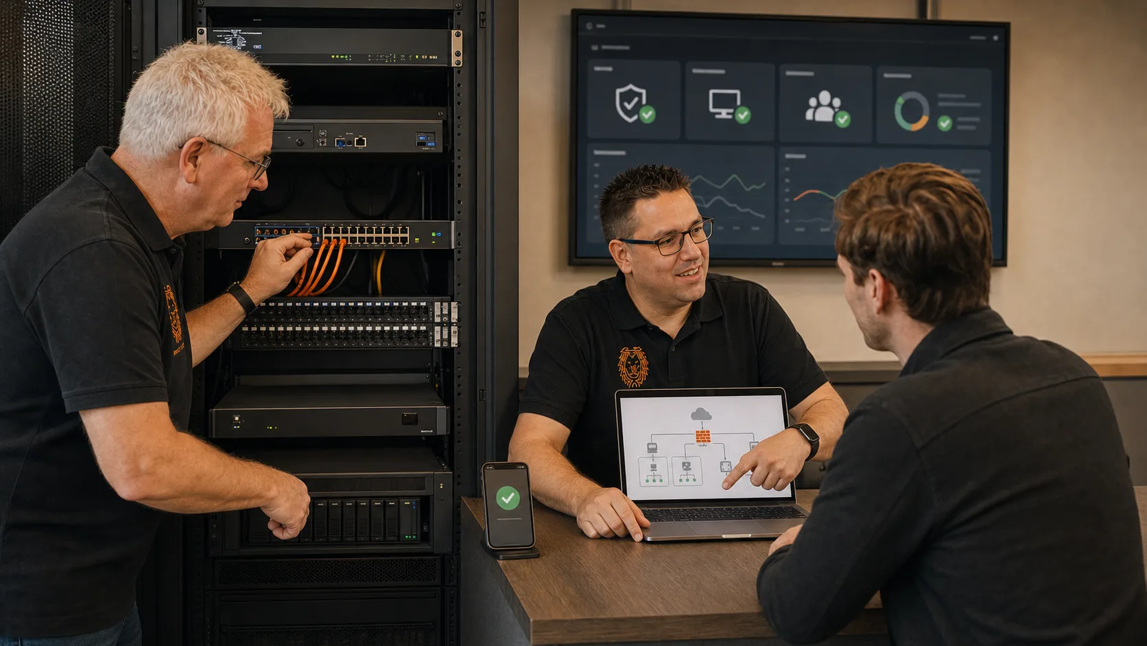 Mike Veenstra controleert monitoring en zakelijke IT-continuiteit in de serverruimte