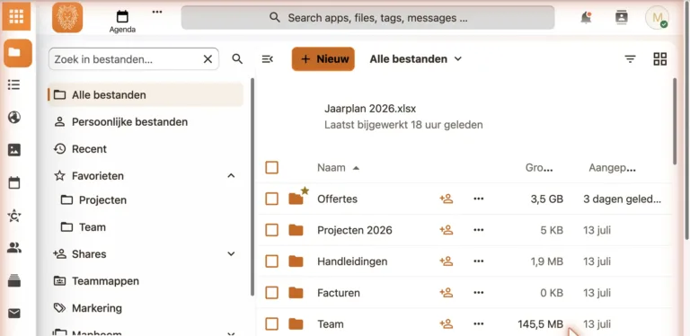 Bestandsoverzicht in de Veenstra IT Werkplek met gedeelde mappen voor offertes, projecten en het team