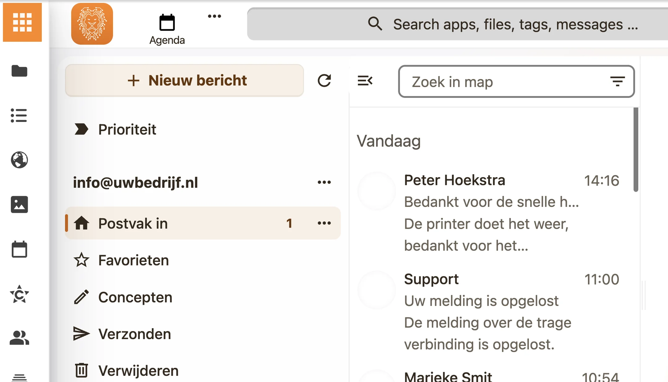 Postvak in van de Veenstra IT Werkplek met zakelijke e-mail in dezelfde omgeving als bestanden en agenda