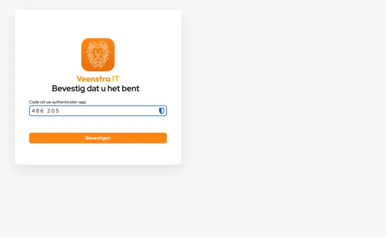 Aanmeldscherm van Veenstra IT waarin om een code uit de authenticator-app wordt gevraagd