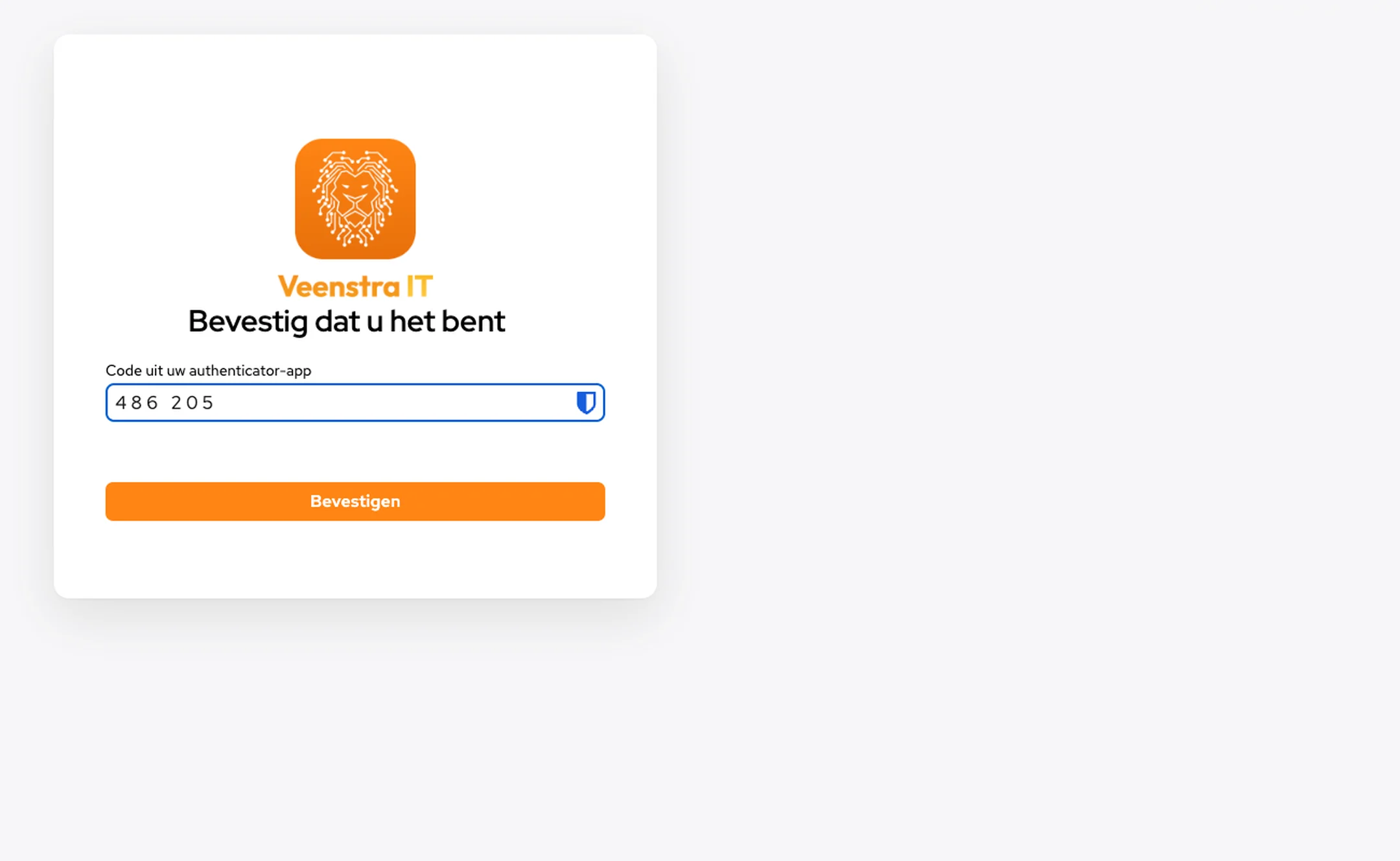Aanmeldscherm van Veenstra IT waarin om een code uit de authenticator-app wordt gevraagd