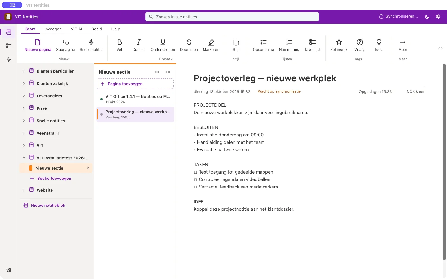 VIT Notities met een projectnotitie, notitieblokken, takenlijst, tags, opmaak en VIT AI