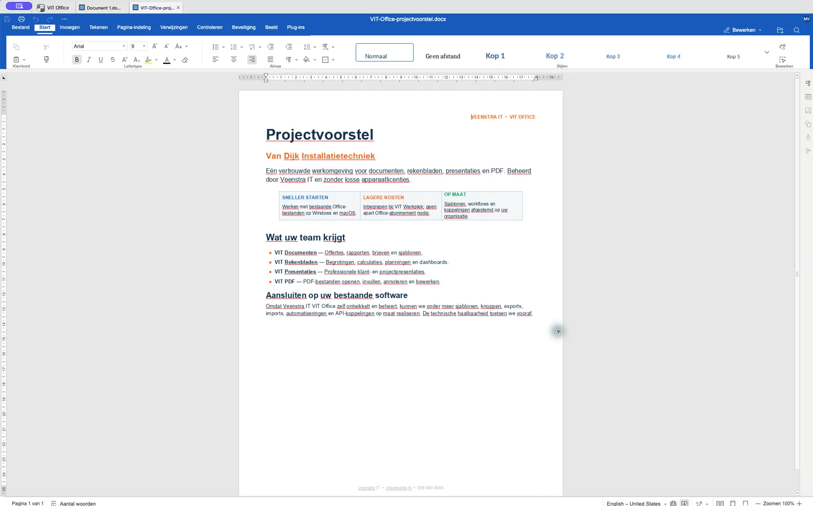 De echte VIT Documenten-interface met een professioneel projectvoorstel