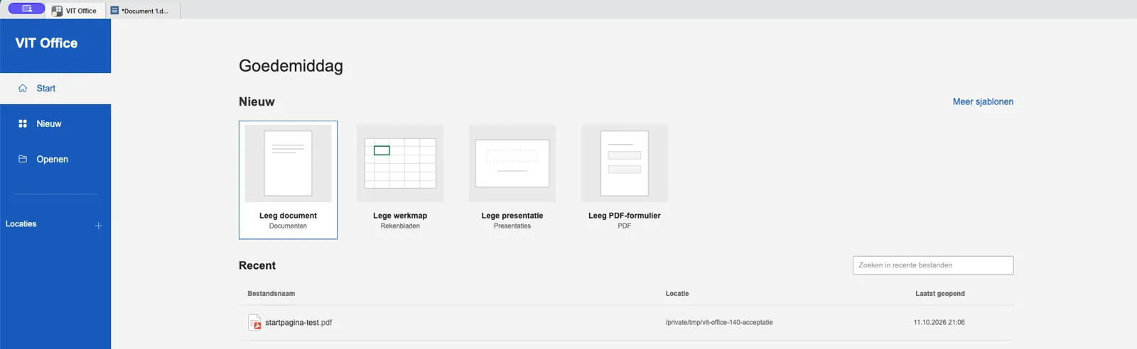 Het actuele startscherm van VIT Office met knoppen voor Documenten, Rekenbladen, Presentaties en PDF